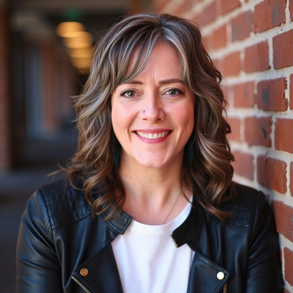 Angella Johnson standing in a hall wearing jeans, a green shirt and a black jacket.